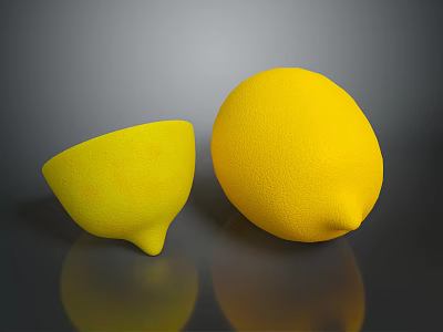 Yellow Lemons One Whole And One Cut Into Bowl Shape On Black Background With Reflections 3d model