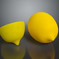 Yellow Lemons One Whole And One Cut Into Bowl Shape On Black Background With Reflections