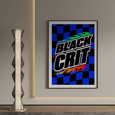 Landscape Painting With Blue Black Checkered Background BLACK CRIT Text On Wall Near Silver Decor 3d model