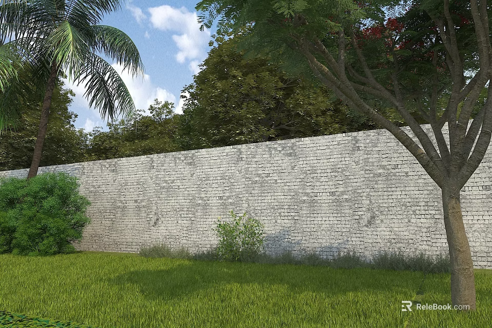 Garden Landscape With White Brick Wall Green Lawn And Trees Under Blue Sky 3d model 