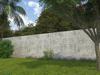 Garden Landscape With White Brick Wall Green Lawn And Trees Under Blue Sky 3d model