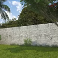 Garden Landscape With White Brick Wall Green Lawn And Trees Under Blue Sky