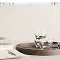 Decorative Ornament Set With Wooden Tray Transparent Glass Cups Books And Open Magazine