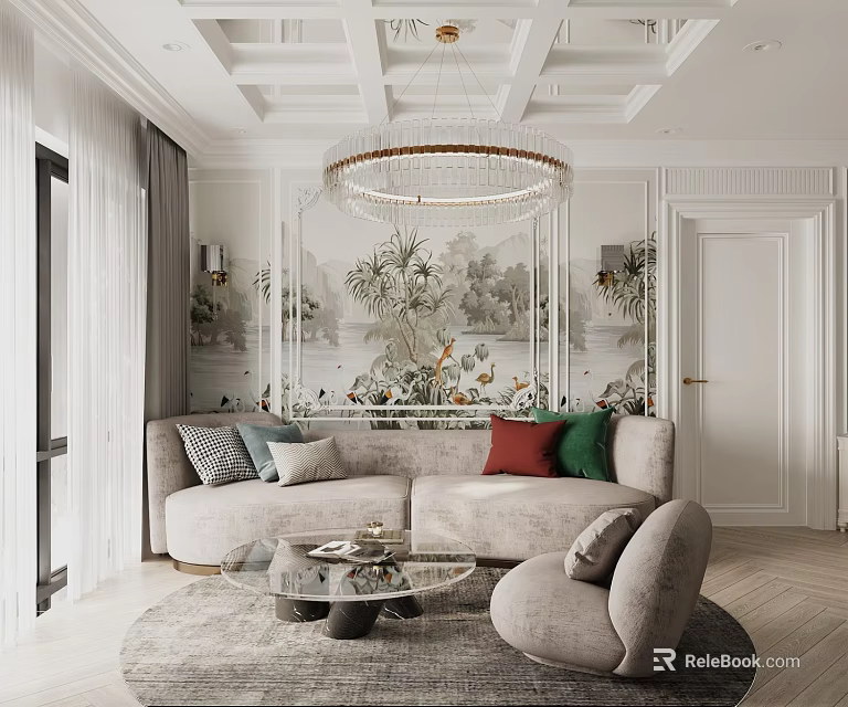 Stylish Living Room Interior With Beige Sofa Colorful Cushions Round Crystal Chandelier And Decorative Wall 3d model 