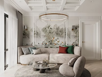 Stylish Living Room Interior With Beige Sofa Colorful Cushions Round Crystal Chandelier And Decorative Wall 3d model