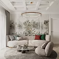 Stylish Living Room Interior With Beige Sofa Colorful Cushions Round Crystal Chandelier And Decorative Wall