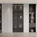 Modern Bookcase Design With Glass Doors Decorative Ornaments Books And Robot Figure