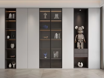 Modern Bookcase Design With Glass Doors Decorative Ornaments Books And Robot Figure 3d model