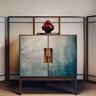 Teal Textured Chinese Style Sideboard With Red Vase On Top And Screen Panels 3d model