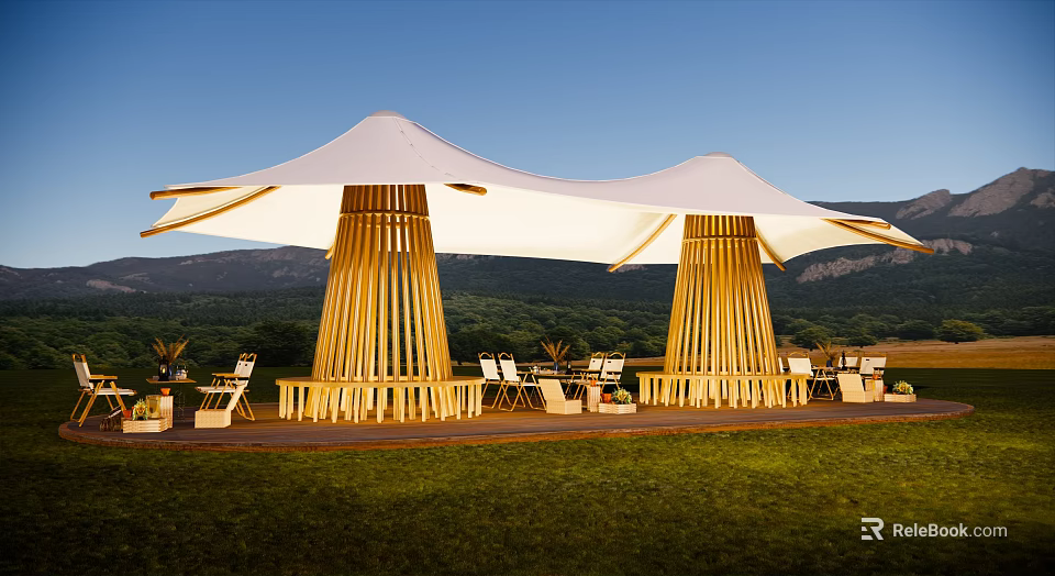 White Outdoor Tent With Wooden Support Structures Chairs Tables And Mountain View 3d model 