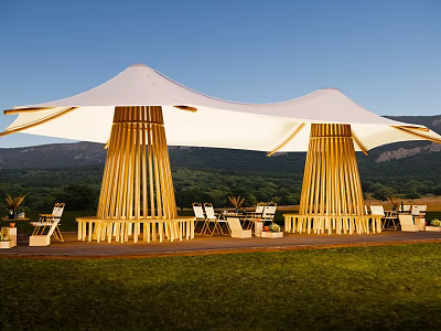 White Outdoor Tent With Wooden Support Structures Chairs Tables And Mountain View 3d model