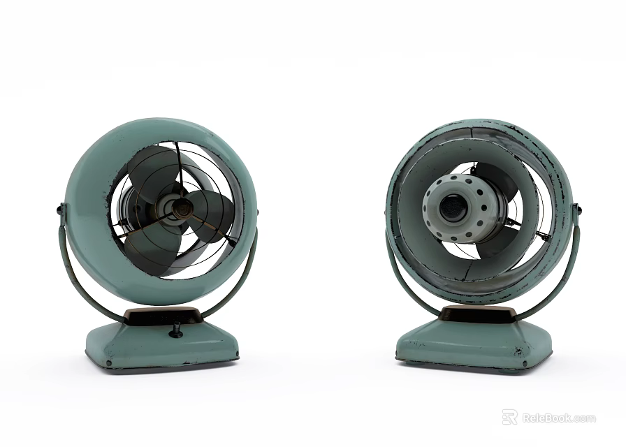 Two Green Vintage Air Conditioning Fans With Metal Stand And Base 3d model 