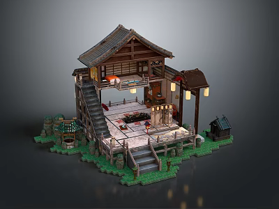 Japanese Traditional Wooden Furniture With Tatami Mats Tables Chairs And Lanterns In Garden Structure 3d model