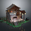 Japanese Traditional Wooden Furniture With Tatami Mats Tables Chairs And Lanterns In Garden Structure