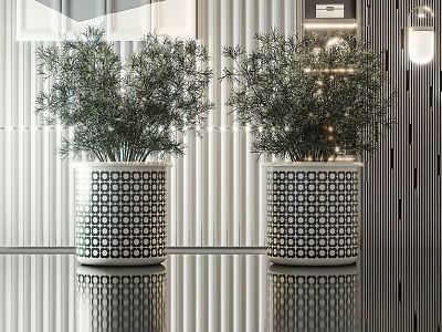 Geometric Patterned Vases With Green Plants On Smooth Black Countertop And White Vertical Stripe Decor 3d model