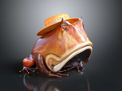 Animated Fantasy Frog Character with Orange Hat Brown Leather Texture and Red Accessory 3d model