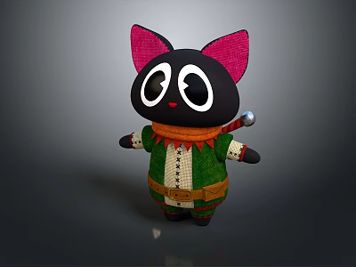 Black Cat Game and Movie Character With Big Eyes Pink Ears and Green Brown Outfit 3d model