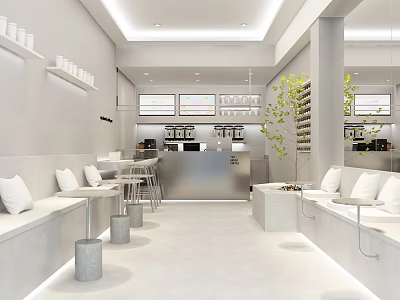 Modern Bright Bubble Tea Shop Interior With White Bar Seating Area And Green Plants 3d model