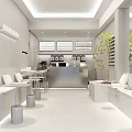 Modern Bright Bubble Tea Shop Interior With White Bar Seating Area And Green Plants