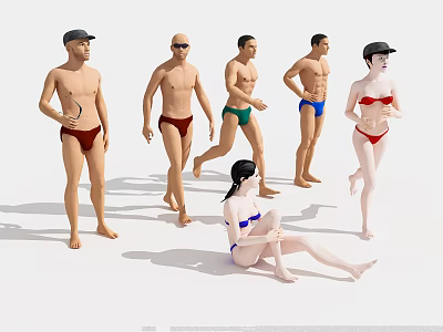 Group of People in Swimwear Standing Sitting and Walking in Beach Scene 3d model