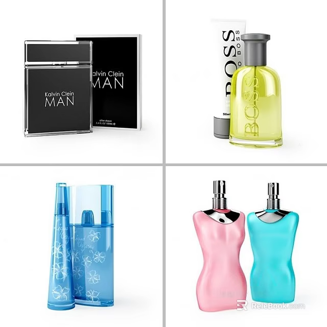 Perfume Cosmetic Products With Colorful Bottles Stylish Designs And Brand Packaging 3d model 