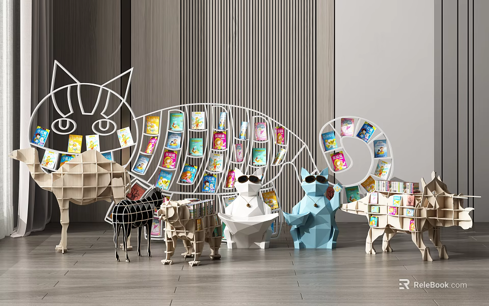 Creative Animal Shaped Bookcases With Modern Design And Colorful Books In White Blue Beige 3d model 