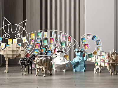 Creative Animal Shaped Bookcases With Modern Design And Colorful Books In White Blue Beige 3d model