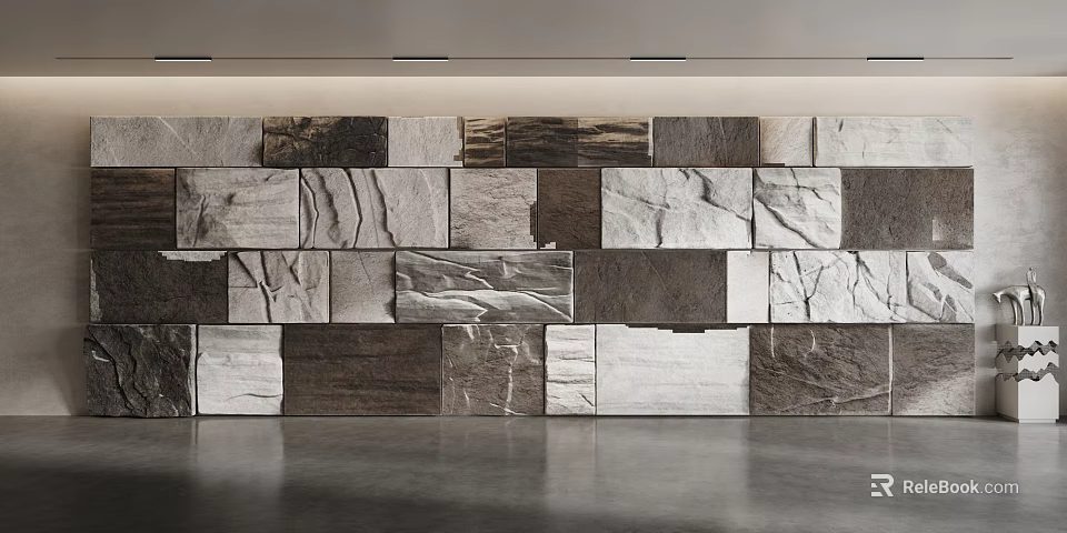 Modern Stone Feature Wall With Textured Tiles And Mixed Tones 3d model 