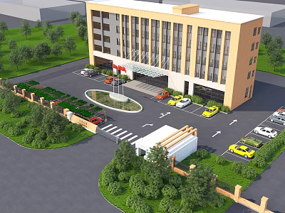 Modern Multi Storey Office Building With Landscaped Gardens Parking Lot And Flagged Entrance 3d model