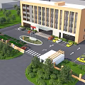 Modern Multi Storey Office Building With Landscaped Gardens Parking Lot And Flagged Entrance