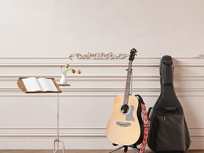 Acoustic Guitar With Black Case Music Stand Open Sheet Music And Decorative Wall 3d model