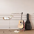 Acoustic Guitar With Black Case Music Stand Open Sheet Music And Decorative Wall