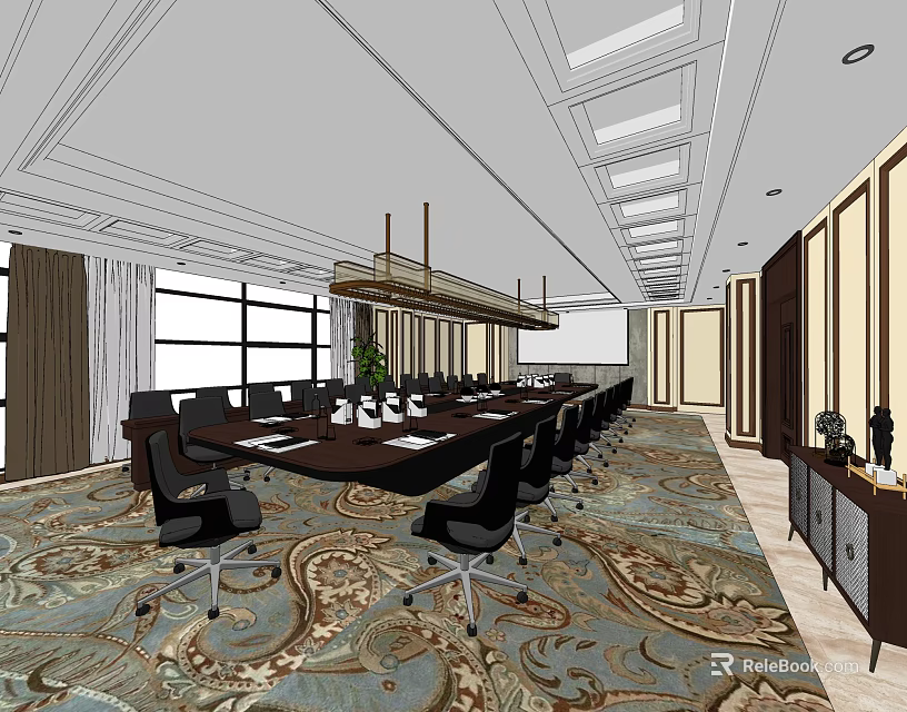Modern Conference Room Interior With Long Table Black Chairs Large Windows And Hanging Lights 3d model 
