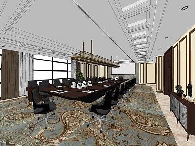 Modern Conference Room Interior With Long Table Black Chairs Large Windows And Hanging Lights 3d model