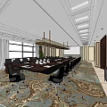 Modern Conference Room Interior With Long Table Black Chairs Large Windows And Hanging Lights