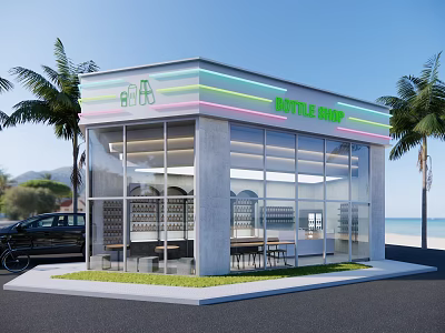 Bottle Shop Modern Building With Glass Facade Neon Lights Palm Trees And Beach View 3d model