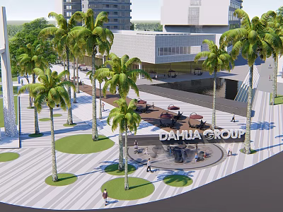 Modern Plaza Landscape With Palm Trees Seating Area And Paved Ground 3d model