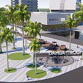 Modern Plaza Landscape With Palm Trees Seating Area And Paved Ground