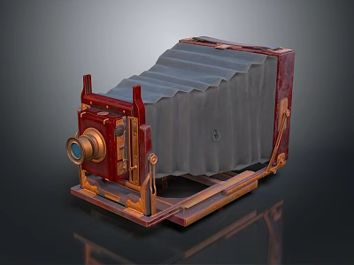 Vintage Folding Camera With Wooden Body Metal Parts And Leather Bellows 3d model