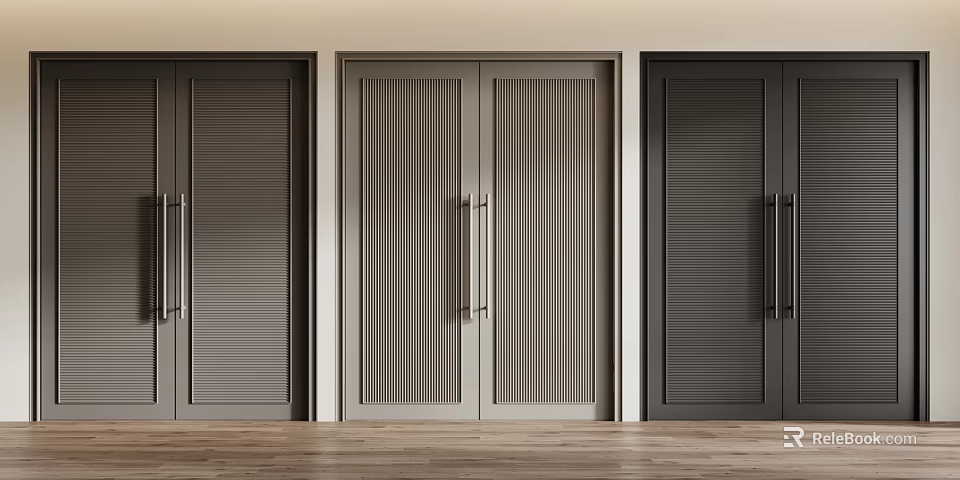 Modern Double Doors With Slatted Design Gray And Black Color And Metal Handles For Interior 3d model 