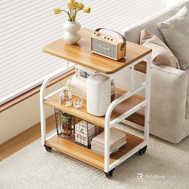 Rolling Storage Shelf with Wooden Shelves White Metal Frame Wheels for Living Room Decorative Storage 3d model 