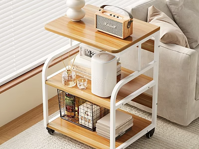 Rolling Storage Shelf with Wooden Shelves White Metal Frame Wheels for Living Room Decorative Storage 3d model
