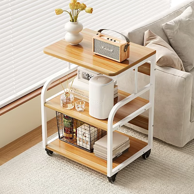 Rolling Storage Shelf with Wooden Shelves White Metal Frame Wheels for Living Room Decorative Storage 3d model