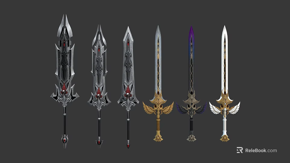 Fantasy Weapons Display with Various Intricately Designed Swords and Decorative Elements 3d model 