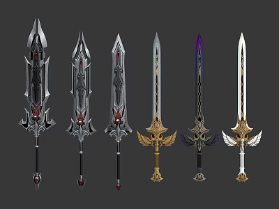 Fantasy Weapons Display with Various Intricately Designed Swords and Decorative Elements 3d model