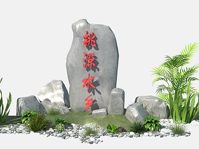 Natural Stone and Wood Landscape Design With Large Stone Red Characters Green Plants and Pebbles 3d model