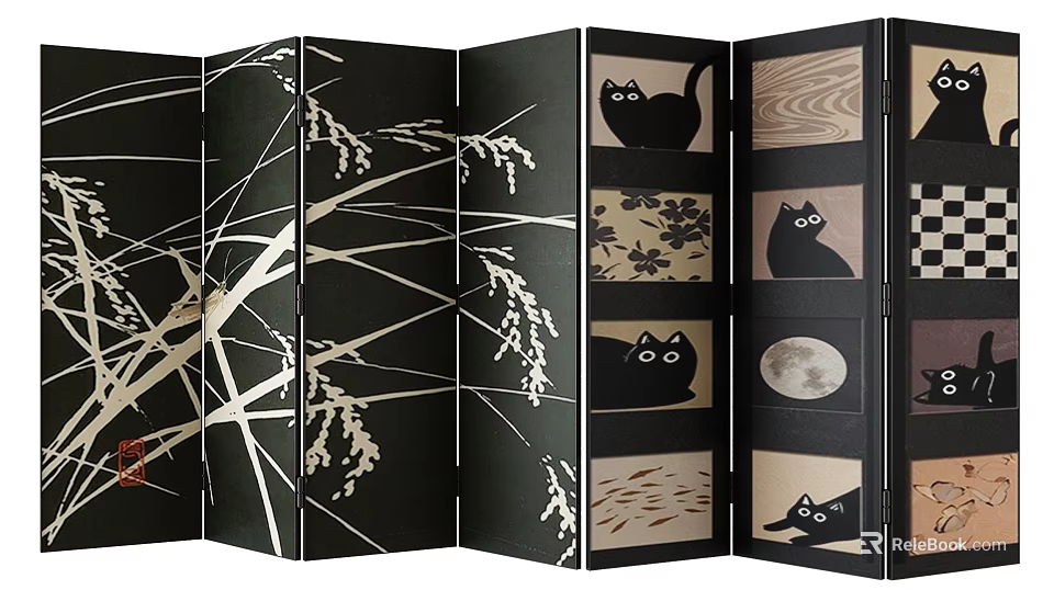 Decorative Folding Screen with Black Cat Rice Ear and Moon Patterns on Artistic Panels 3d model