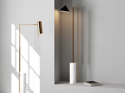 Modern Floor Lamp With Golden Stand Black Shade And White Base Design 3d model