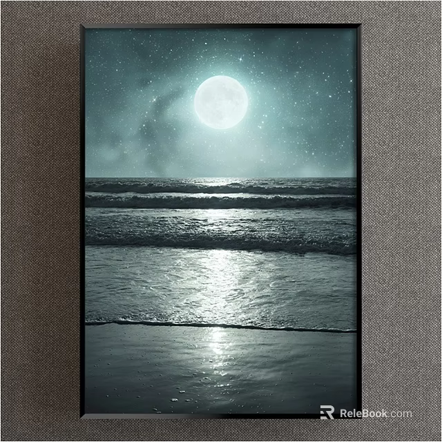 Starry Night Landscape Painting With Full Moon And Ocean Waves Moonlight Reflection On Beach Shore 3d model 