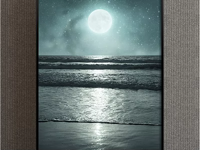 Starry Night Landscape Painting With Full Moon And Ocean Waves Moonlight Reflection On Beach Shore 3d model